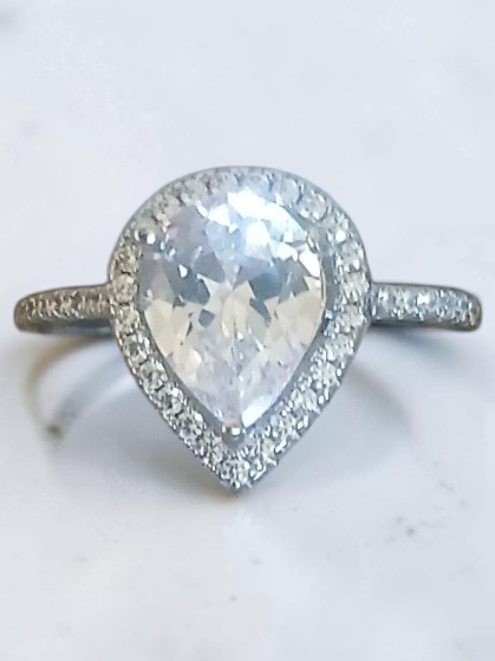 Pear-Cut Clear Halo Ring in Silver Tone